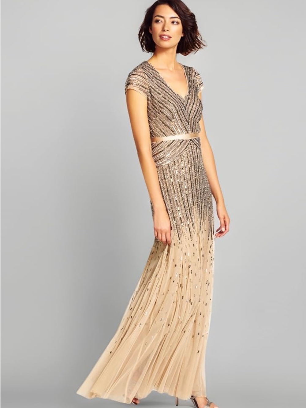 Adrianna Papell Beaded Sequin Art Deco Evening Gown Nude Size 6 NWT